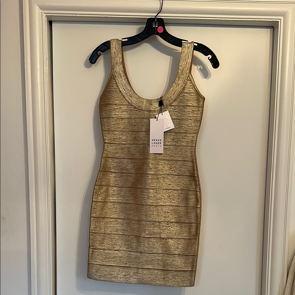 Herve Leger Gold Ribbed Scoop Neck Mini Dress size M brand new